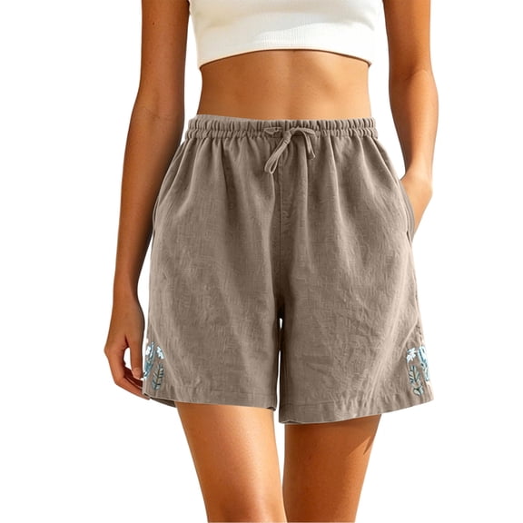 BUIGTTKLOP Cotton Shorts for Women Drawstring High Waisted Lounge Shorts Summer Casual Loose Embroidered Comfortable Breathable Shorts