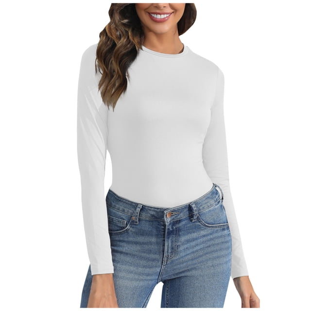 HVOBTTY T-shirt Sportif à Manches Longues pour Femmes, Haut Ample à Manches Longues à Col Rond Plissé Uni pour Femmes Blanc, P