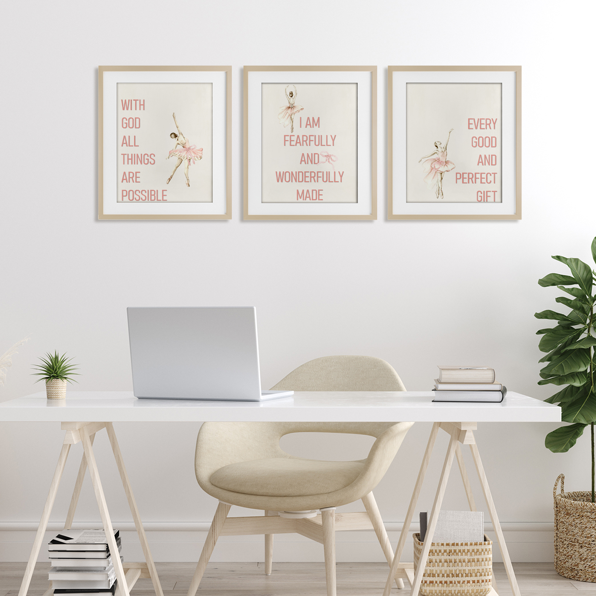 Faith Sentiments with Ballerinas 3 Piece Birch Framed Print Under Glass Set, design by Kim Allen