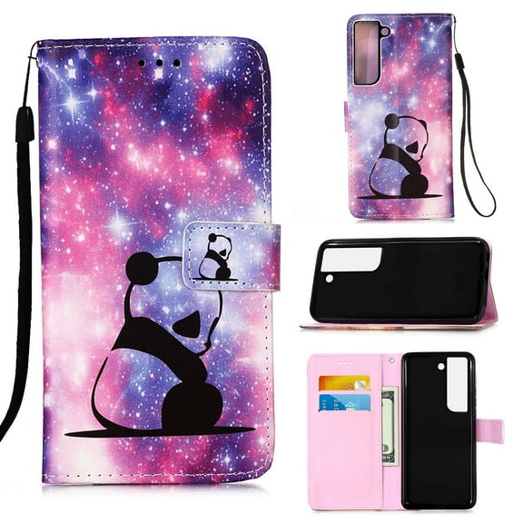 For Samsung Galaxy S22 Case 5G, Mantto Magnetic Cute Slim With Hand Rope Strap Patterned Flip Cash Slot and Card Slot Case,Kickstand Phone Skin For Samsung Galaxy S22, Panda Baby