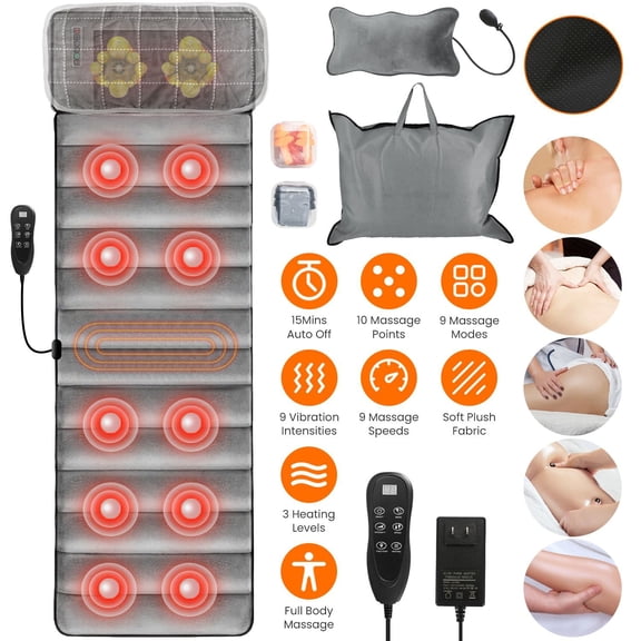 Full Body Electric Massage Mat with Heat Vibration Massage Pad Cushion Back Massage Mattress Chair Pad with Neck Massage Pillow with 10 Vibration Motors Timer