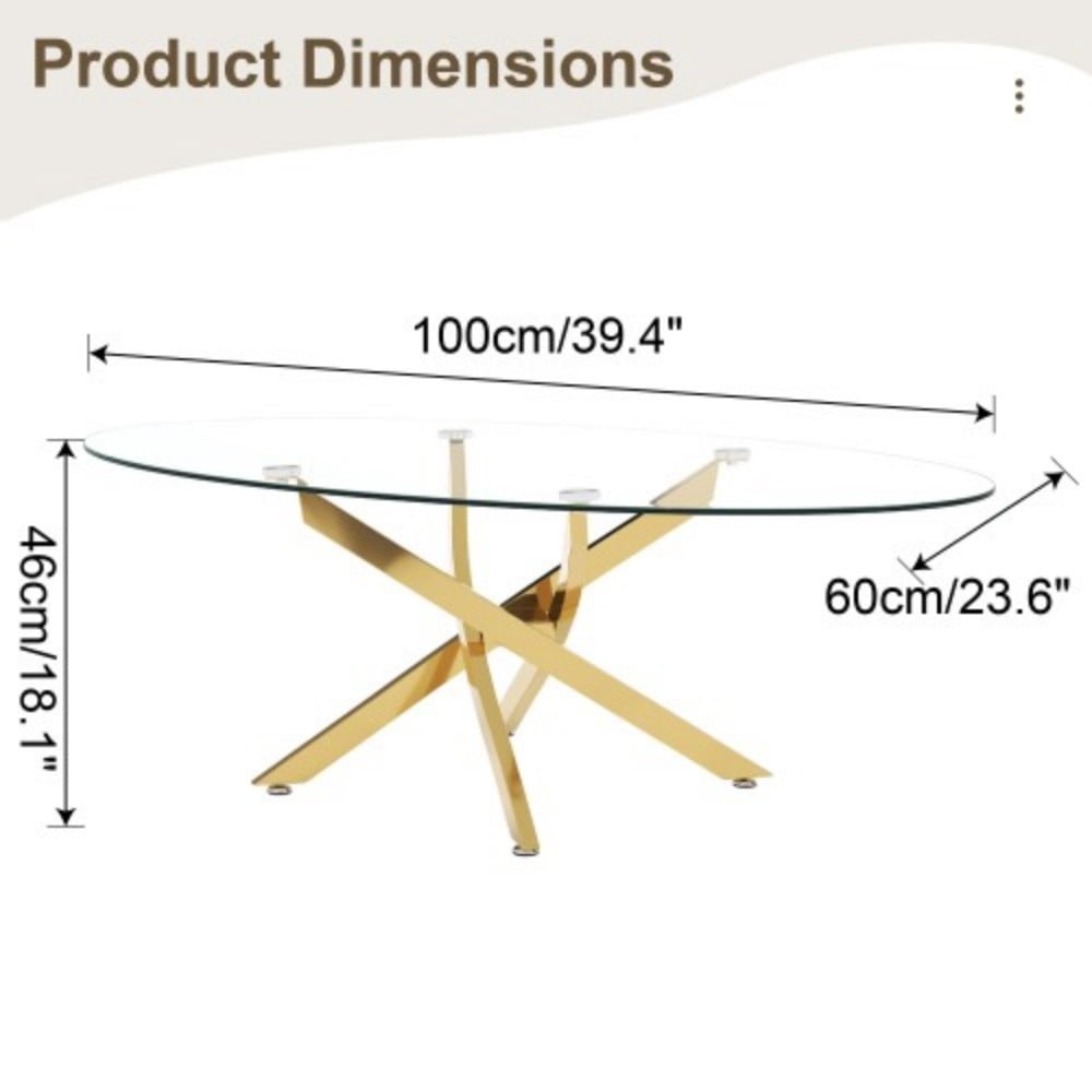 Oval Coffee Table, 39.37" Tempered Glass Top with Gold Cross Legs, Modern Side Table, Tea Table for Living Room, Apartment, Cafe