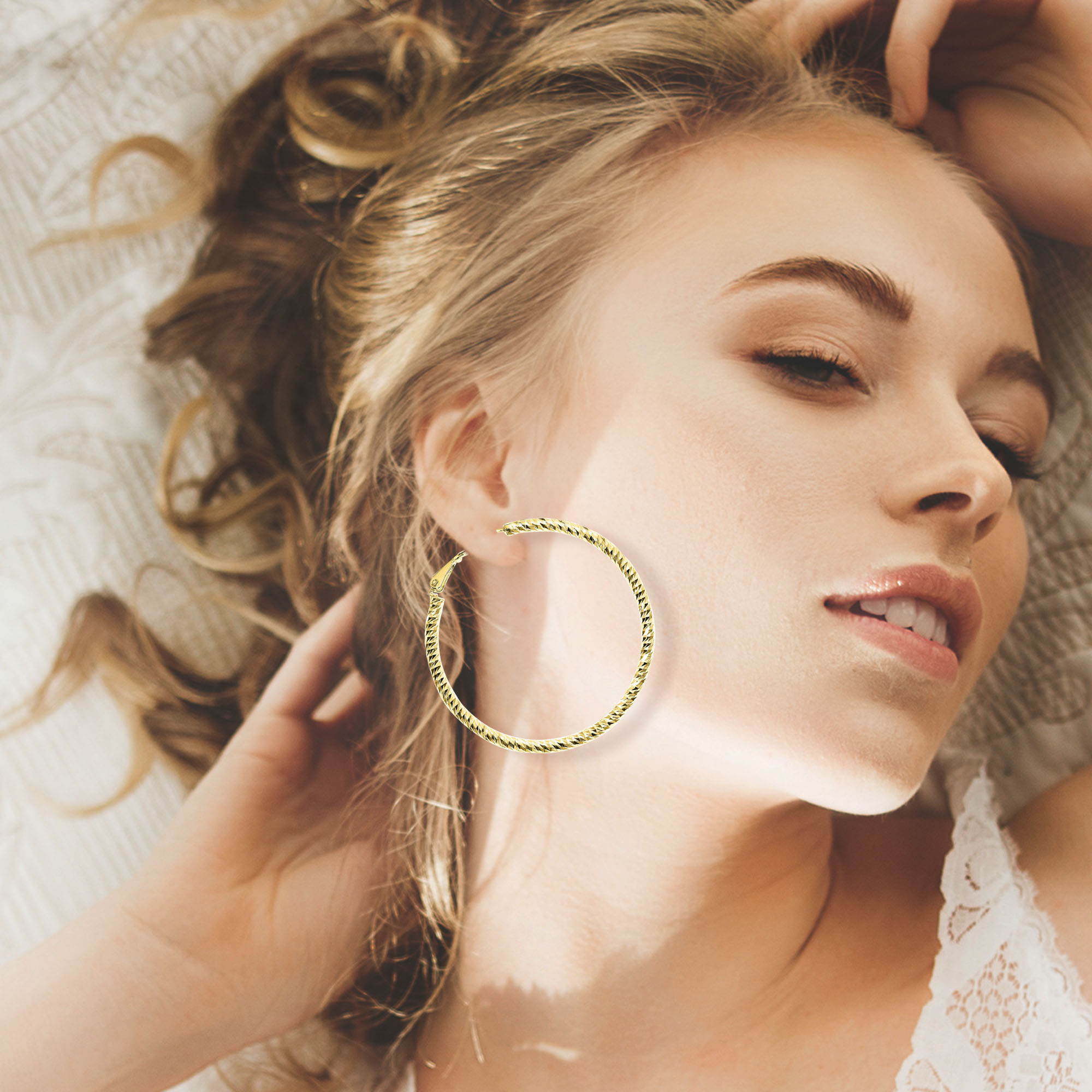 X & O Women's 14K Yellow Gold Plated 50mm Polished and Diamond Cut Hoop Earrings