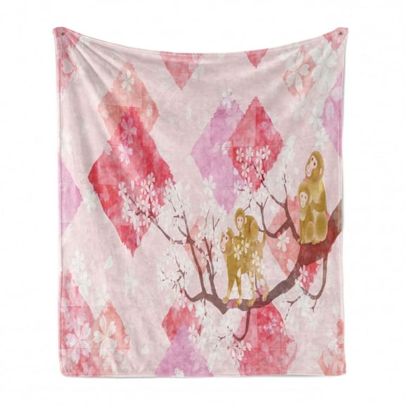 Flower Soft Flannel Fleece Throw Blanket, Monkey Family on Tree Branches with Minimalist Background Illustration, Cozy Plush for Indoor and Outdoor Use, 50" x 60", Pink Red Pale Coffee, by Ambesonne