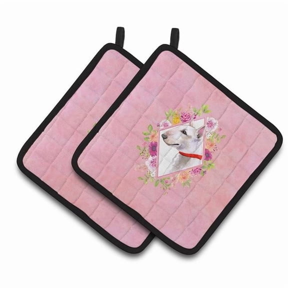 Carolines Treasures CK4124PTHD 7.5 x 7.5 in. Bull Terrier Pink Flowers Pair of Pot Holders