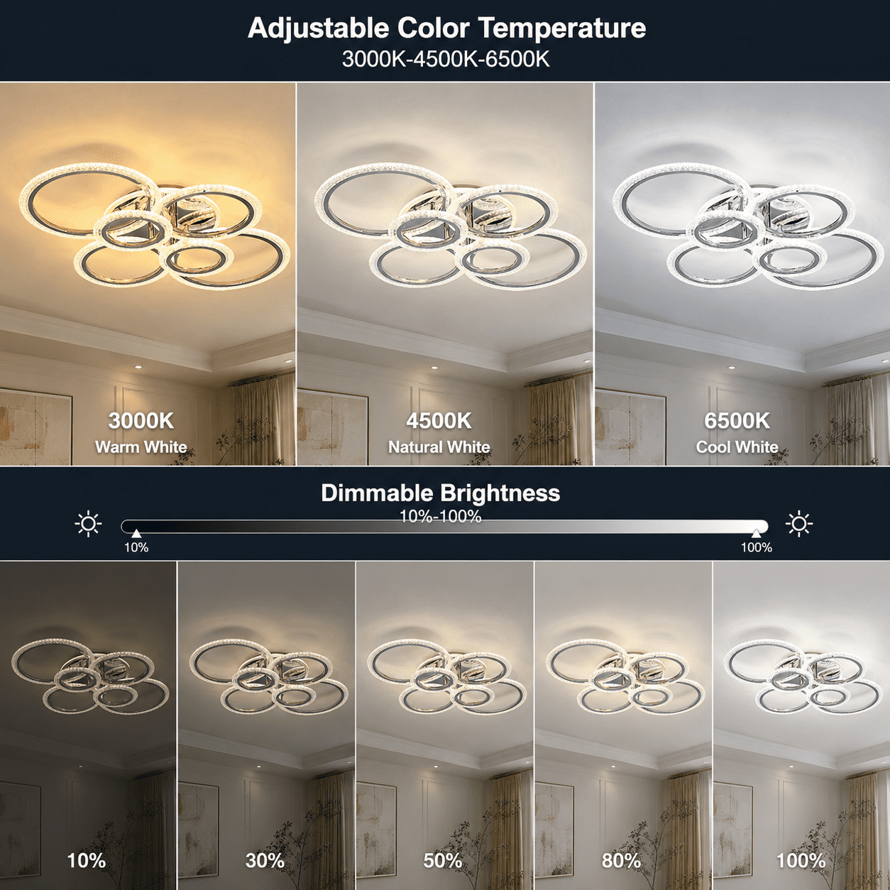 Garwarm Chrome 6-Ring LED Ceiling Light, Modern Dimmable Flush Mount Ceiling Light with Remote, Acrylic Ring Ceiling Lamp Fixture for Living Room, Dining Room, Bedroom