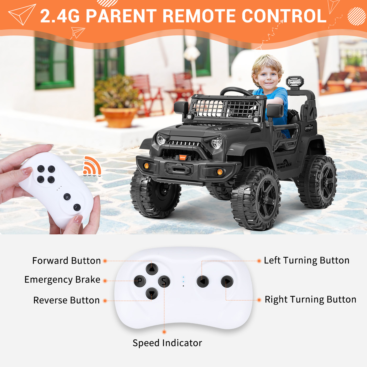 FUNTOK Kids 12V Electric Ride on Toy Car with Remote Control, Spring Suspension, DIY Stickers and Music Player