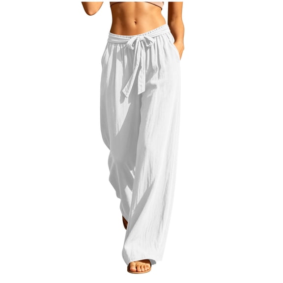 Npasoilc Drawstring Elastic Waist Pants for Women Linen Blend Solid Color Pocket Summer Trousers,White