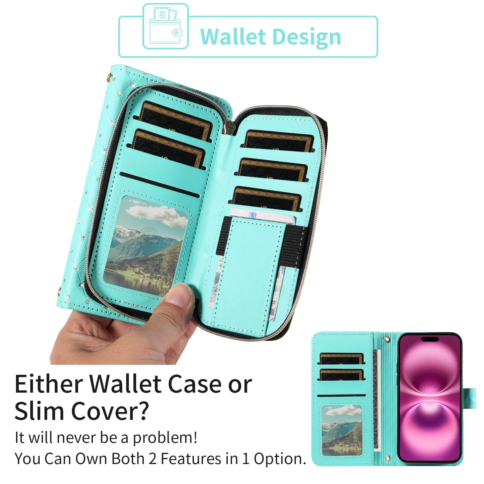 Compatible with iPhone 16 Plus 6.7 inch Wallet Phone Case Tempered Glass Screen Protector Bling Glitter Crossbody Lanyard Strap Flip Zipper Purse Card Holder Cell Cover for i Phone16+ 16P Women Green
