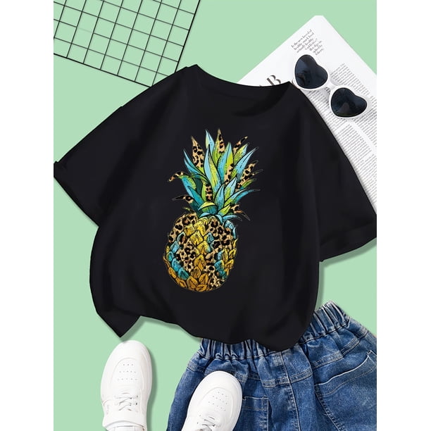 Pineapple Patterned Print T-Shirt, Girls' Round Neck Short Sleeve Tee, Comfortable And Breathable Outdoor Casual Sportswear for Children, Suitable for Ages 8-14.