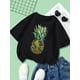thumbnail image 1 of Pineapple Patterned Print T-Shirt, Girls' Round Neck Short Sleeve Tee, Comfortable And Breathable Outdoor Casual Sportswear for Children, Suitable for Ages 8-14., 1 of 6