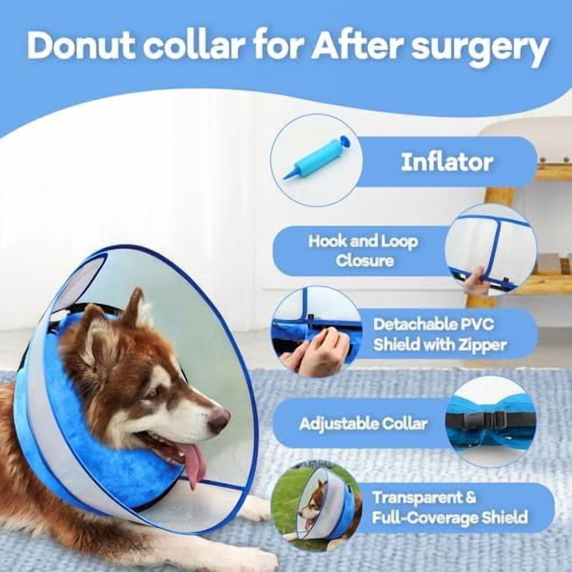 2-in-1 Upgraded Inflatable Dog Cone Collar with Detachable Anti-Licking Shield, Soft Adjustable Elizabethan Collar for Dogs After Surgery (M, Blue)