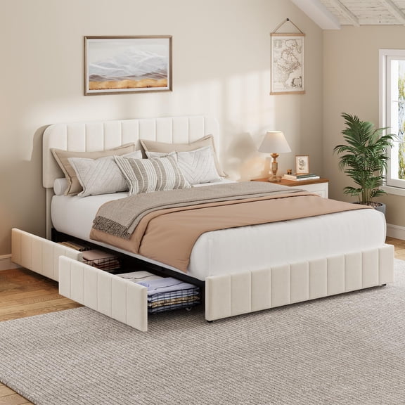 Garvee Queen Velvet Platform Bed Frame with Adjustable Headboard, 4 Storage Drawers, Beige, No Box Spring Needed