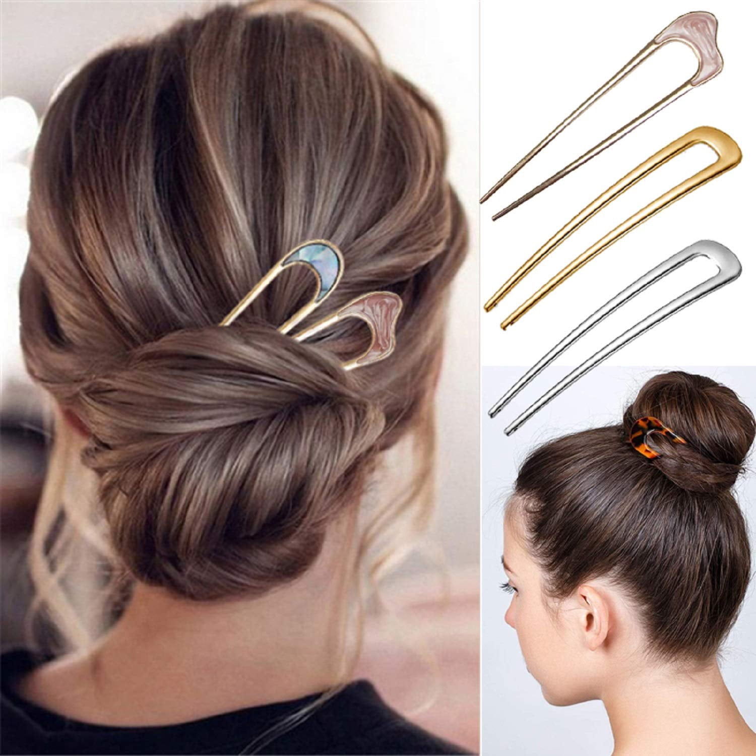 6 Pcs U-Shaped Hairpin, Vintage Hair Pin Fork Sticks Tortoise Shell U Shape Hair Clips Cellulose Acetate Tortoise Shell Hair Pins Clips French Style Metal Hair Sticks for Women Girls Hair Styling