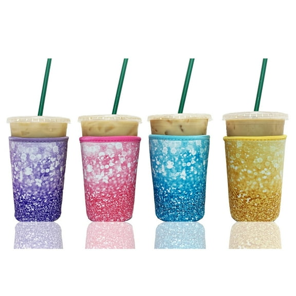 4-Pack Medium (22-24oz) Reusable Neoprene Insulator Sleeve for Iced Coffee or Cold Beverage Cups (Glitter Print Mix #1)