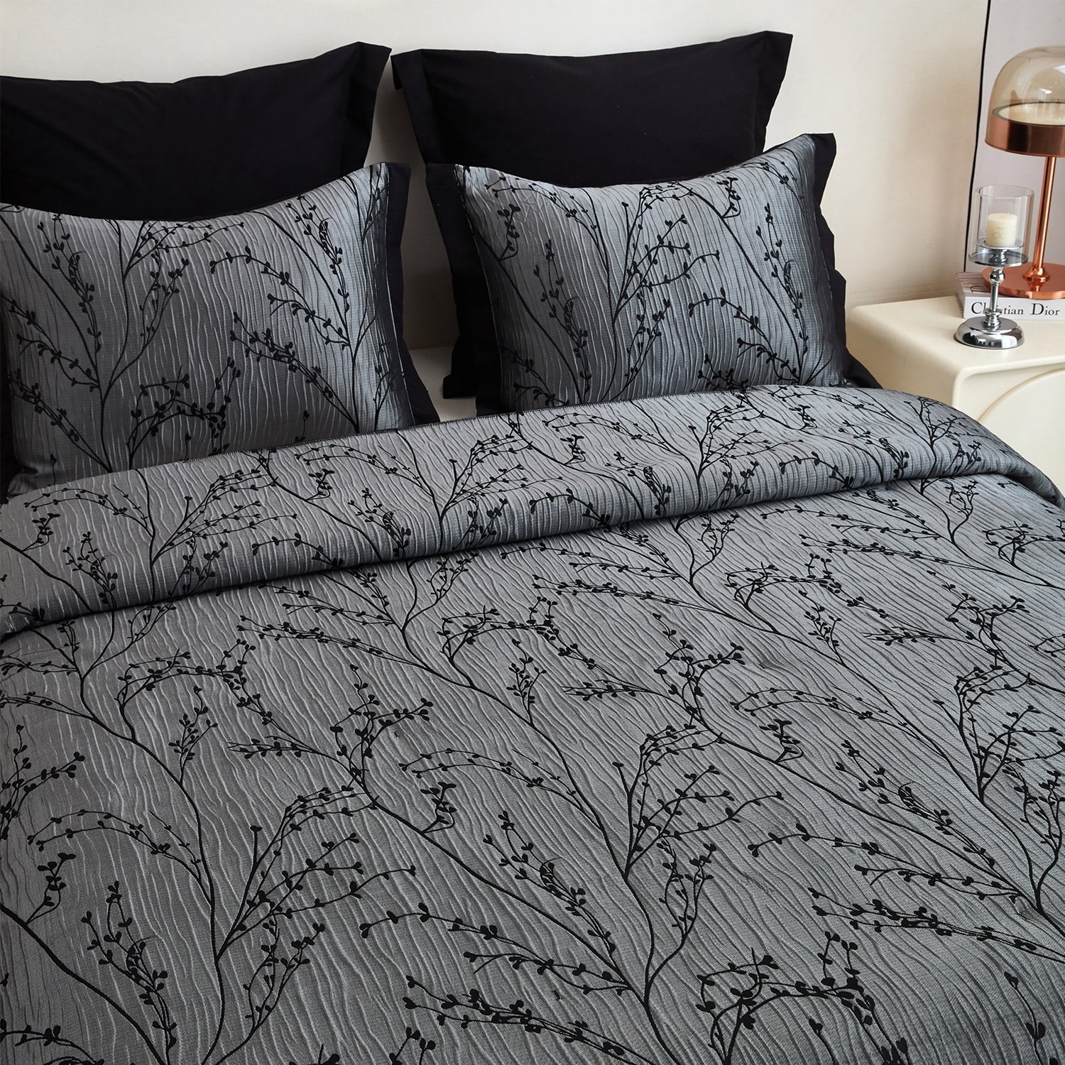 HIG Burgundy Jacquard Patchwork Comforter Set with Matching Curtains, Bed in a Bag King