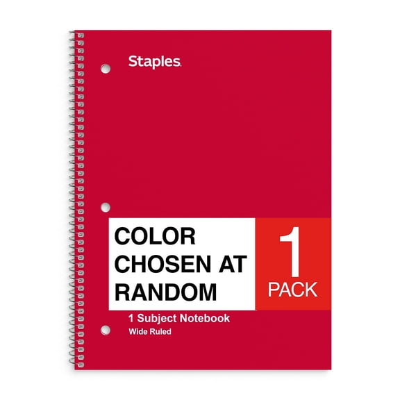 Staples 1-Subject Notebook 8" x 10.5" Wide Rule 70 Sh. Assorted (27497M) 321463