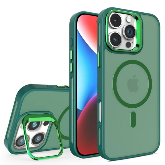 For iPhone 16 Pro Case Magnetic, [Compatible with Magsafe] Matte Translucent [Camera Lens Kickstand] Shockproof Drop Protection Bumper Rugged Phone Case for Apple iPhone 16 Pro, Darkgreen