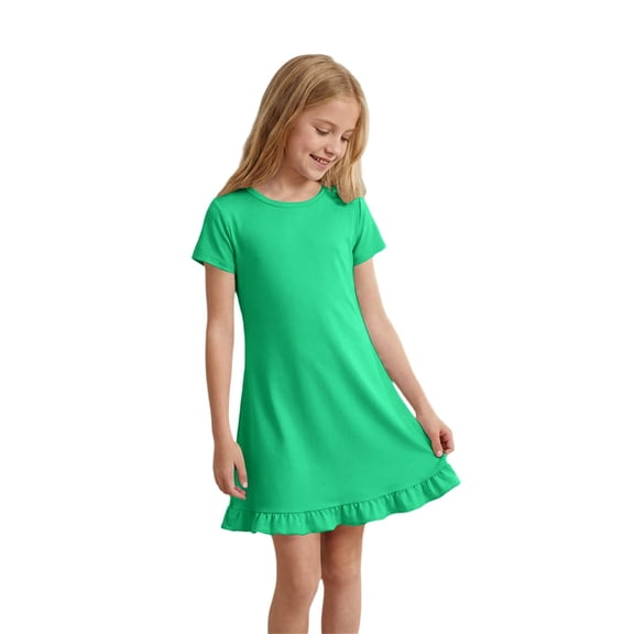 Ruyang Girls Short Sleeve Dress Crew Neck Ruffled Hem A Line Dress Solid Loose Fit Lightweight Casual Sporty Dresses for Kids Toddlers