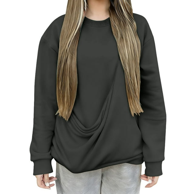 Duoif Chandails d'Automne pour Femmes, Haut de Mode pour Femmes - Chandail Décontracté à Col Rond avec Poche Chandail pour Femmes Gris Foncé m