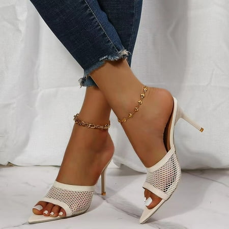 

MRULIC slippers for women Womens Pointed Open Toe Heeled Sandals Hollow Out Slides Stiletto Slip On Summer Dressy Shoes house slippers for women Beige + US:7