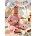 thumbnail image 3 of BemeyourBBs Baby Girls First Birthday Outfit One Years Old 1st Birthday Clothes Summer Waffled Romper with Matching Bow Headband Letter Embroidery Ruffle Short Sleeve Bodysuit Playsuit, 3 of 9