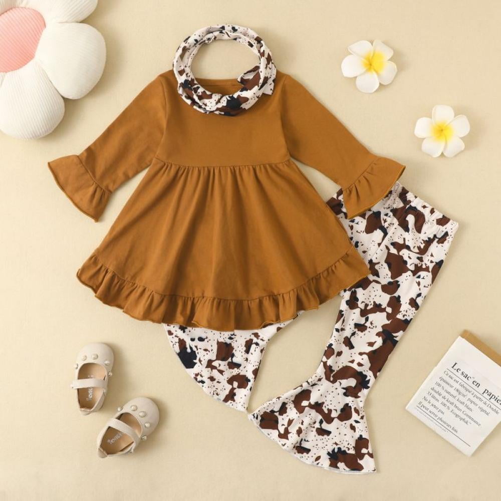 Toddler Baby Girls Outfits Long/Short Sleeve Cartoon Cow Head Print Top & Flare Pants Set Kids Clothes 