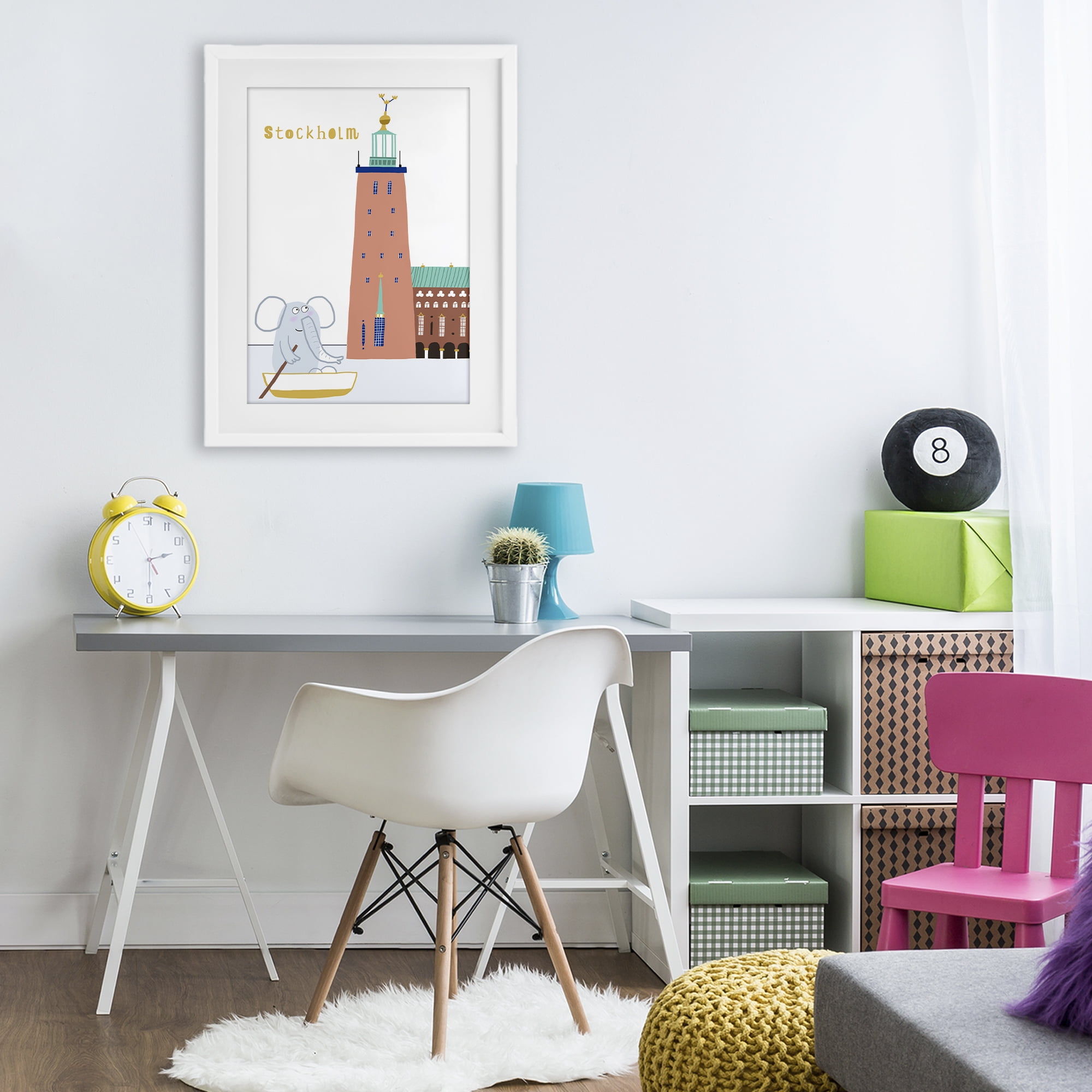 Elephant in Stockholm Boat White Framed Print Under Glass, design by Carla Daly
