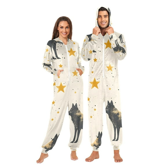 Wolf Stars Adult Onesie Pajamas Slim Fit Christmas One Piece Suit Pjs for Women and Men Hooded Zipper