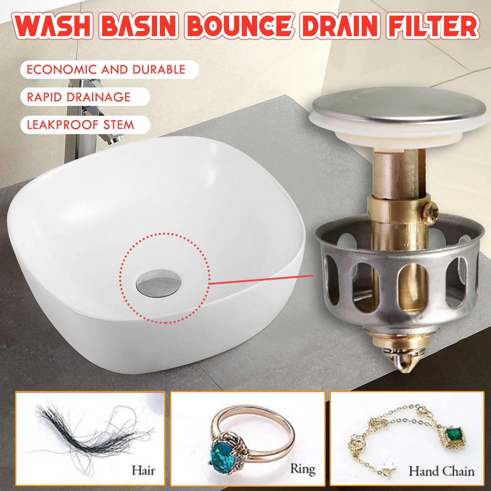 1/2/4PCS Wash Basin Drain Filter Bounce Core Universal Stainless Steel Push-Type 