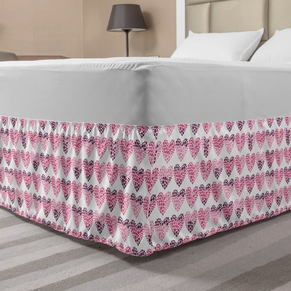 Valentine's Day Bed Skirt, Continuing Composition of Dotted Heart Shapes, Elastic Bedskirt Dust Ruffle Wrap Around for Bedding Decor, 4 Sizes, Ruby Pink, by Ambesonne