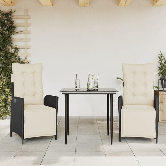 vidaXL 3 Piece Patio Dining Set with Cushions Black Poly Rattan