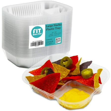 [125 Pack] Nacho Plastic Tray Anti Spill Large Nachos Trays Disposable 2 Compartment Clear Dart Trays Best for Cheese, Sauce or (Best Cheese To Use For Nachos)