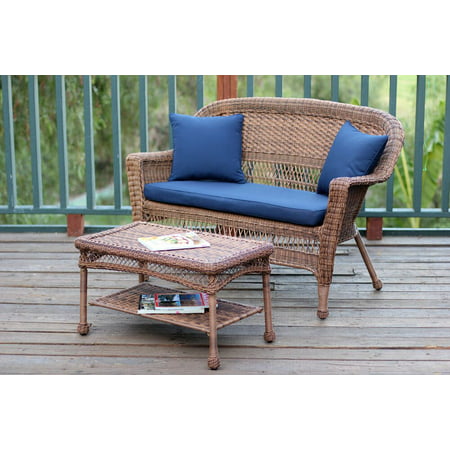 2-Piece Oswald Honey Resin Wicker Patio Loveseat and Coffee Table Set - Blue Cushion