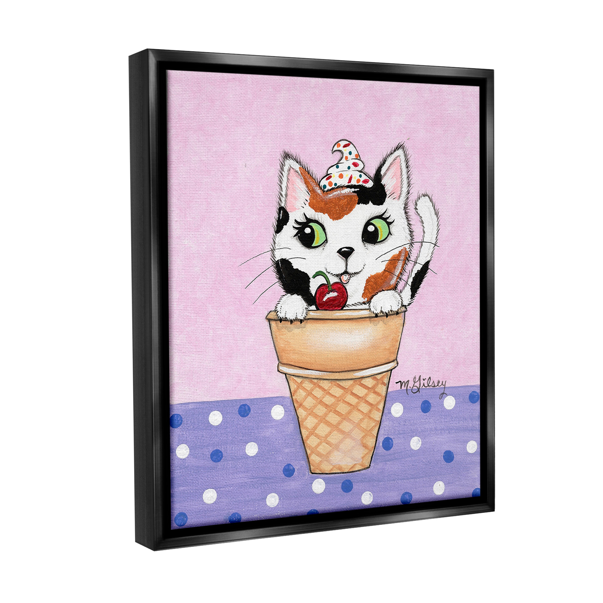 Stupell Industries Polka Dot Cat Sundae Animals & Insects Painting Black Floater Framed Canvas Art Print Wall Art, 25 x 31