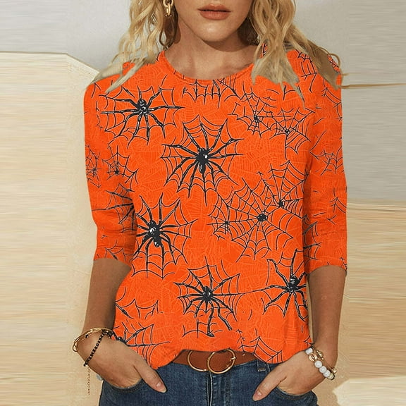 VKOYWKM Halloween Shirt for Women 3/4 Length Sleeve Women Tops Halloween Spiderweb Graphic T Shirts Funny Crew Neck Fall Blouses