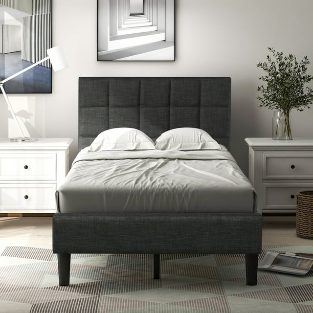 Gray Twin Bed Frame For Adults Kids Modern Upholstered Platform Bed Frame With Headboard Heavy Duty Twin Size Bed Frame Bedroom Furniture With Wood Slats Support No Box Spring Needed Q10617