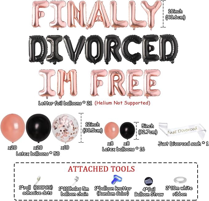 Divorce Party Decorations for Women Men, Finally Divorced Im Free Foil Balloons Banner Black Rose Gold Balloon Garland Arch Kit Just Divorced Sash for Women Divorce Celebration Supplies