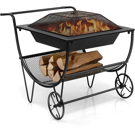 Outdoor Fire Pit with Wheels and Firewood Log Rack, Patio Wood Burning Bonfire Pit with Storage Rack, Spark Screen, Portable Rolling Fire Pit Stove for Outside, Camping & Picnic