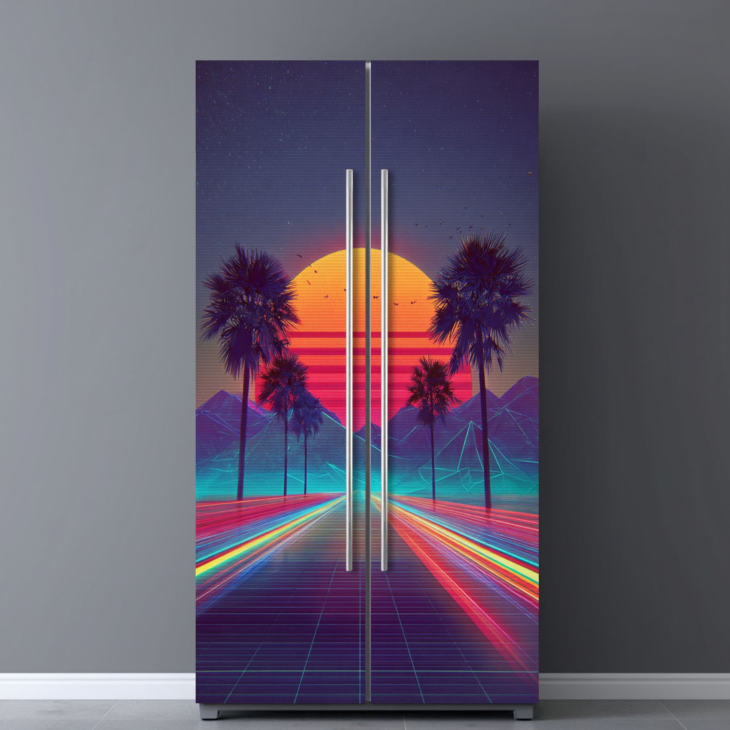 Self Adhesive Vinyl Refrigerator Wrap Set Inspired by 80s Scene wave retrowave music Door Mural Removable Fridge Sticker Peel and Stick&nbsp;Full Door Cover Decal Kitchen Bar Decor