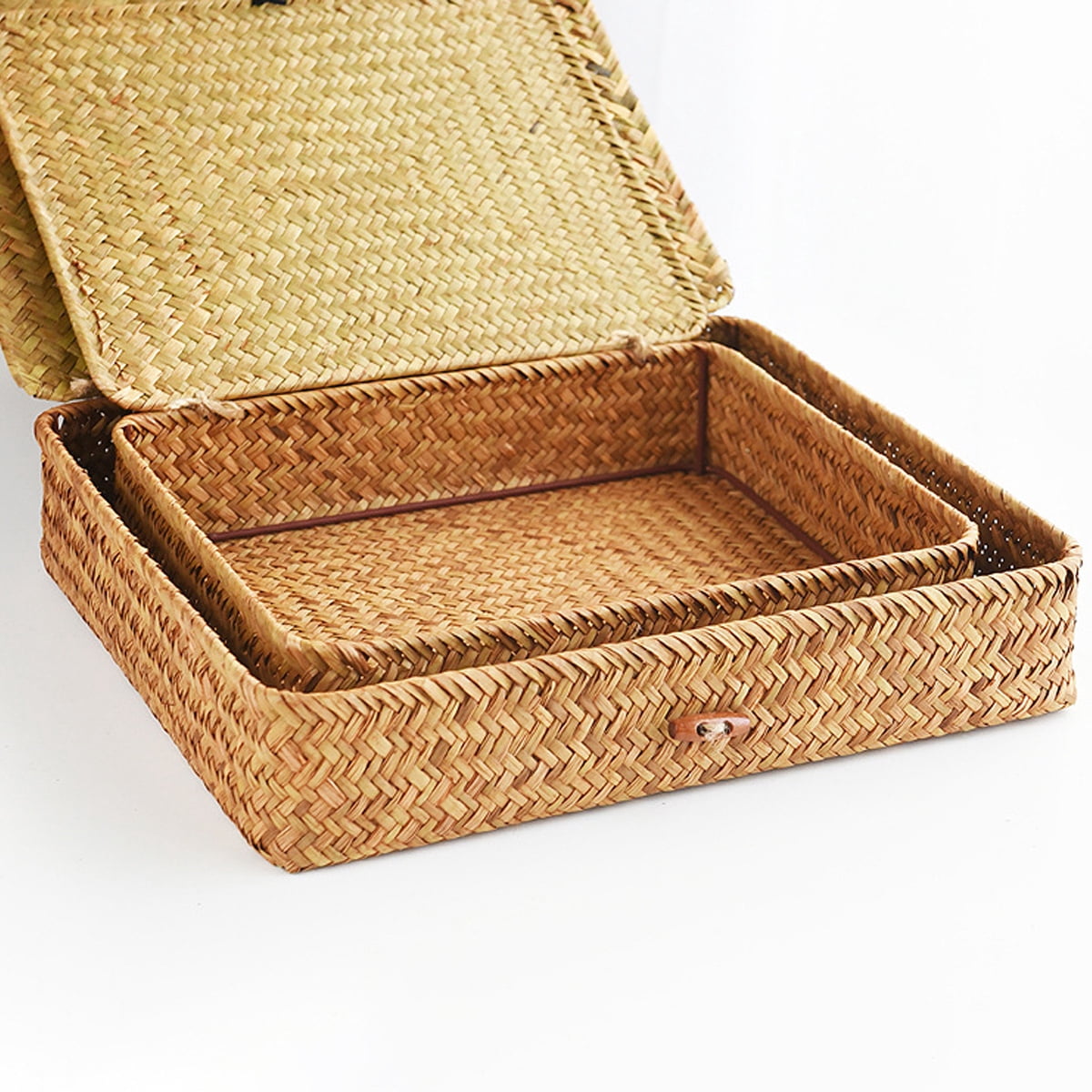 Rectangular Rattan Storage Baskets with Lids, Set of 2, Ideal for Shelves & Organization