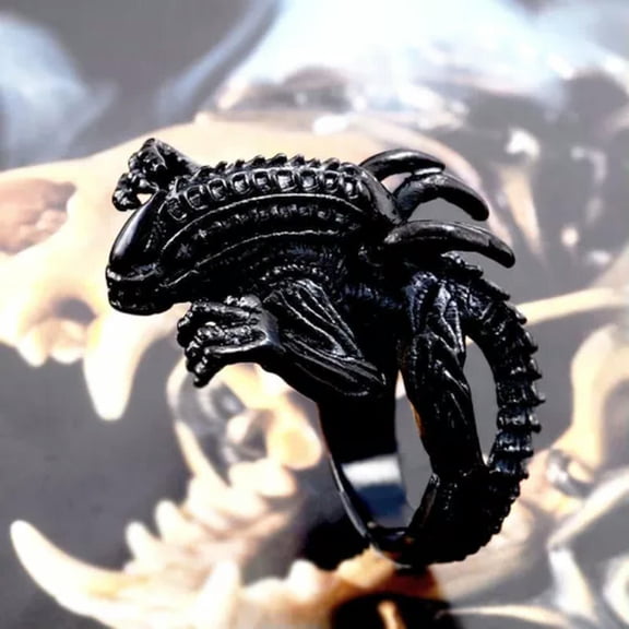 K-KED Black Alien Monster Ring Stainless Steel Lizard Alien Men's Vintage Biker Rings-10