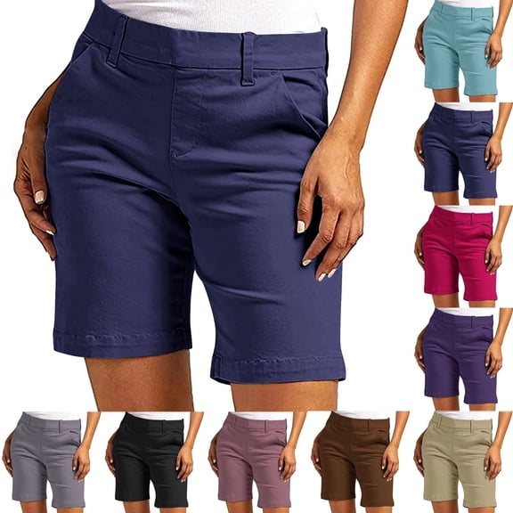 Stretch Slim Fit Bermuda Shorts for Women Mid Waist Straight Leg 7 Inch Inseam Pants Comfy Casual Summer Walking Golf Hiking Shorts with Pockets, #02 Navy, S