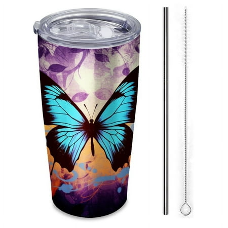

blue butterfly with purple flowers-Insulated Car Cup 20 oz Stainless Steel Travel Tumbler with Reusable Straw & Brush Hot & Cold Drinks Coffee/Tea/Office/Outdoor Drinkware