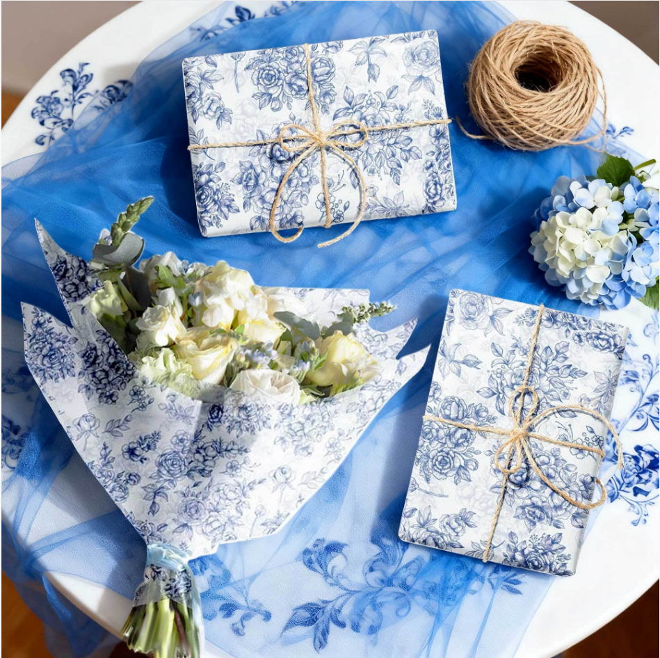Blue Floral Tissue Paper - Vintage Elegant Hand-Painted Flower Design for Party Decor & Gift Wrapping
