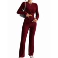 thumbnail image 2 of Women'S 2 Piece Casual Ribbed Knit Crew Neck Stretch Long Sleeve T-Shirt and Flare Pants Set Wine Red L, 2 of 7