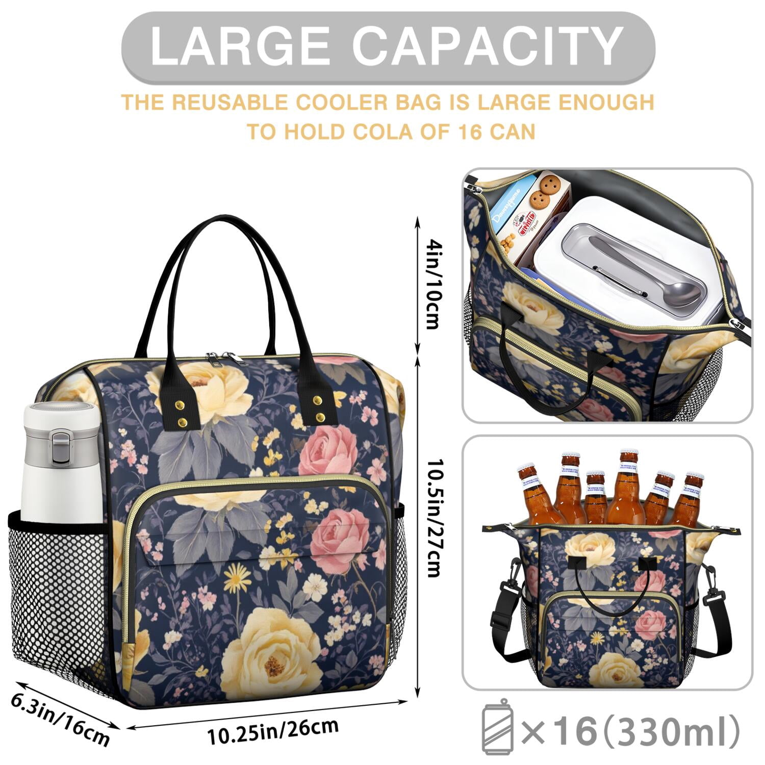 Pioneer Flower Floral Print Pattern Womens Lunch Box for Work,Insulated Large Lunch Bag for Tween and Teen,Loncheras Para Mujer,Leakproof Adult Lunch Bag for Work,Beach,Travel,Picnic,Camping