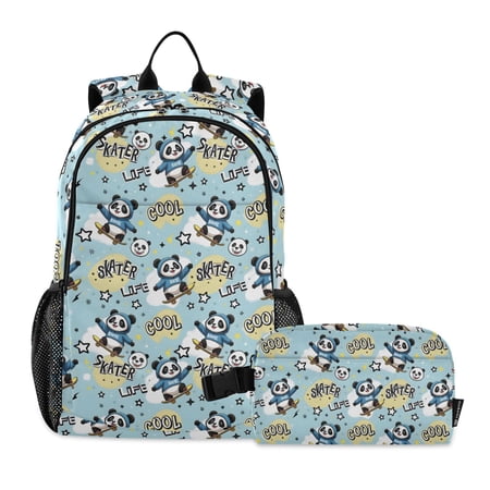 ALAZA Cartoon Pandas Skating School Backpack Lunch Box Set Student Bookbag