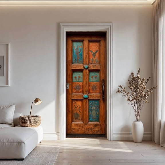 Southwest Desert Cactus Wooden Door Sticker, Rustic Western Style Door Mural Decal