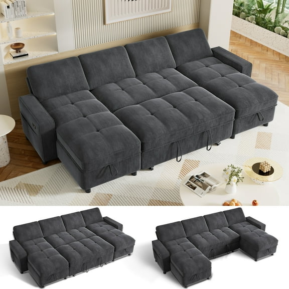 U-Shaped Sectional Sleeper Sofa Bed 105", Pull-Out Bed with 5-Position Reclining Backrest, Reversible Chaise with 2 Storage Compartments & Built-In USB Port, Space-Saving Living Room Furniture